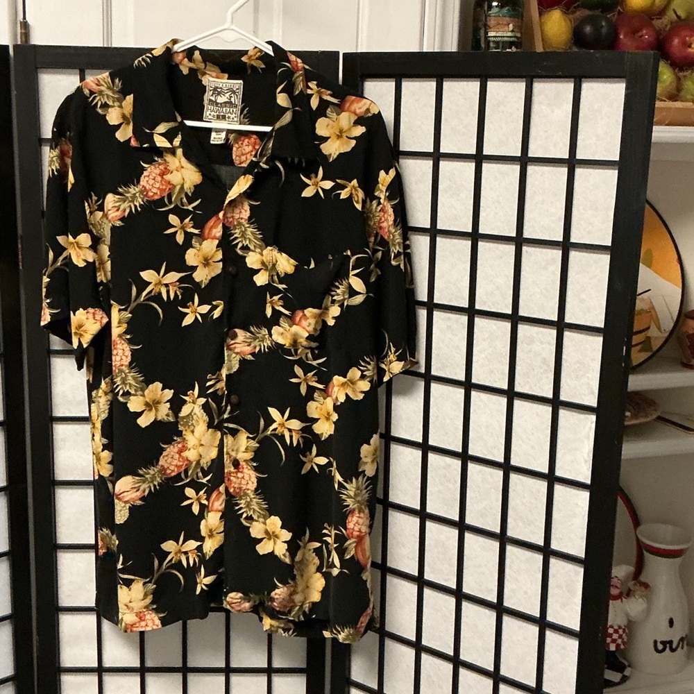 Men's Black Hawaiian Button-Down Shirt with Yellow Floral Print